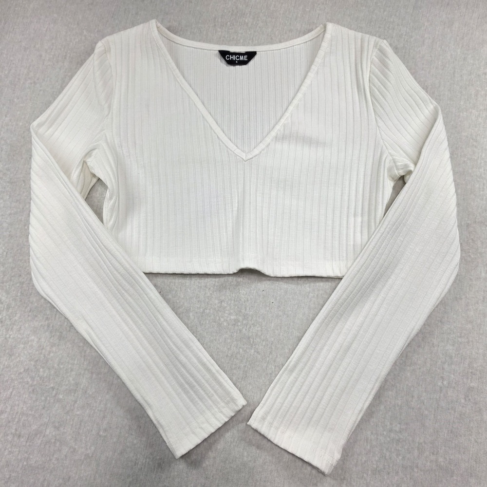 CHICME White Ribbed V-Neck Long Sleeve Crop Top Size S Coquette Y2K Going Out - Picture 1 of 9